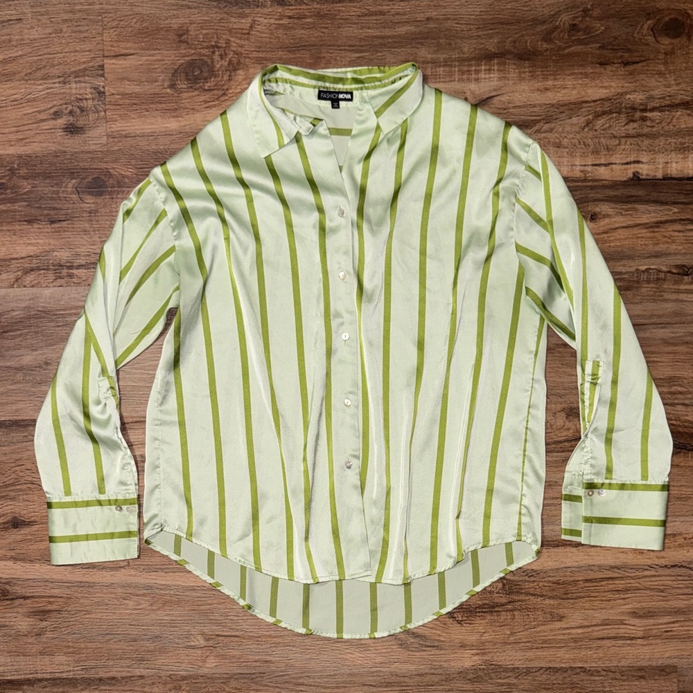 Green Striped Button-Down by Fashion Nova